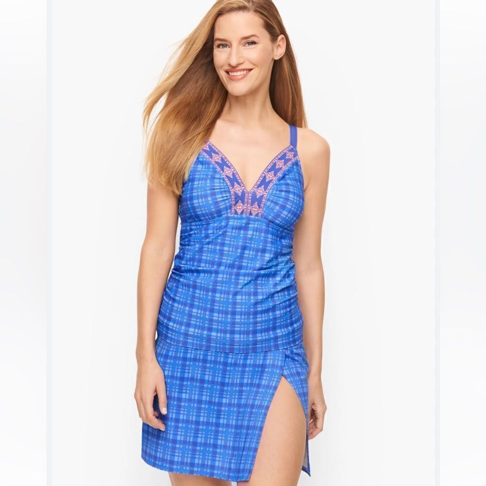 Cabana Life Sunrise Plaid Embroidered Tankini Cornflower Blue Multi Swimwear
